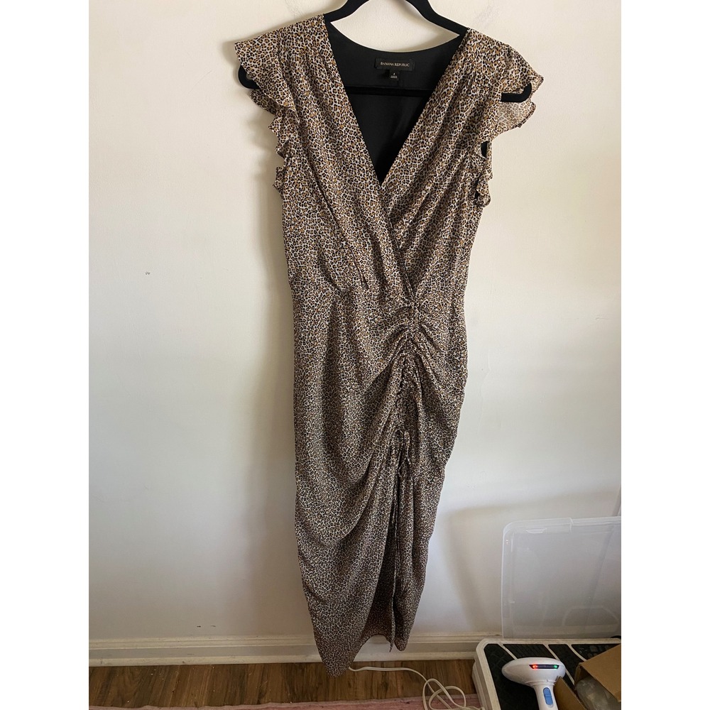Banana Republic Womens Leopard Print Ruched Wrap Midi Dress Ruffle Sleeve Size 4